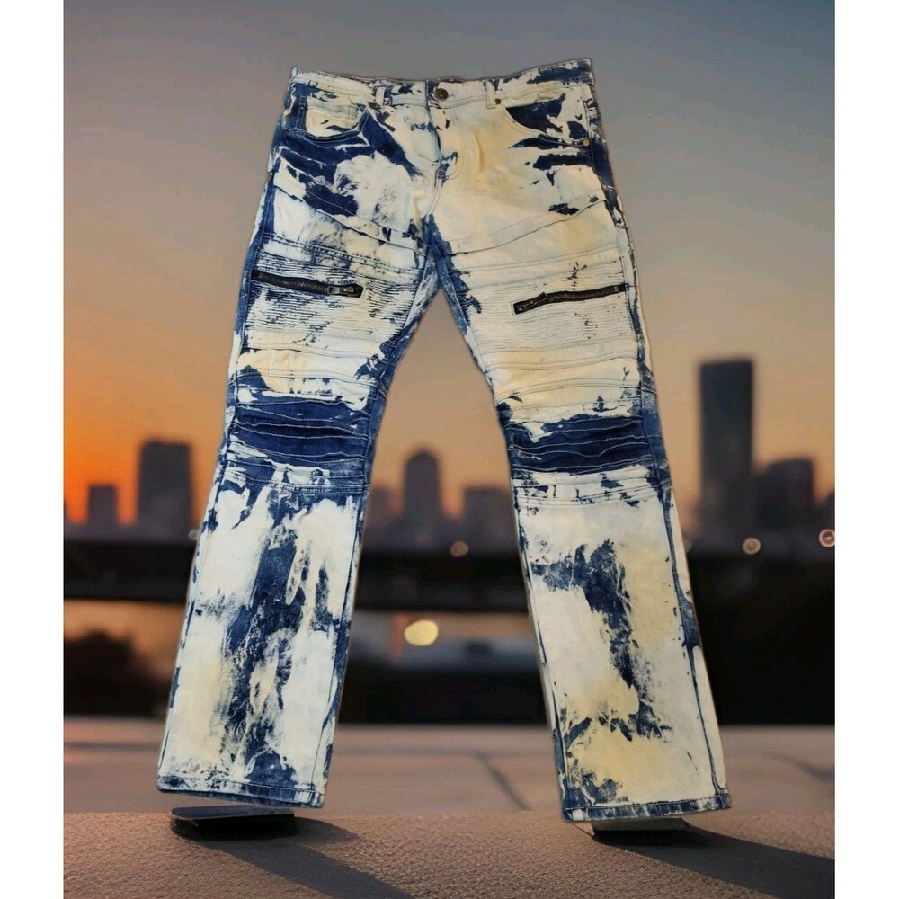 Black Pike Mens 34x32 Biker Moto Jeans Heavy Bleach Acid Wash Stretch 18x31.5